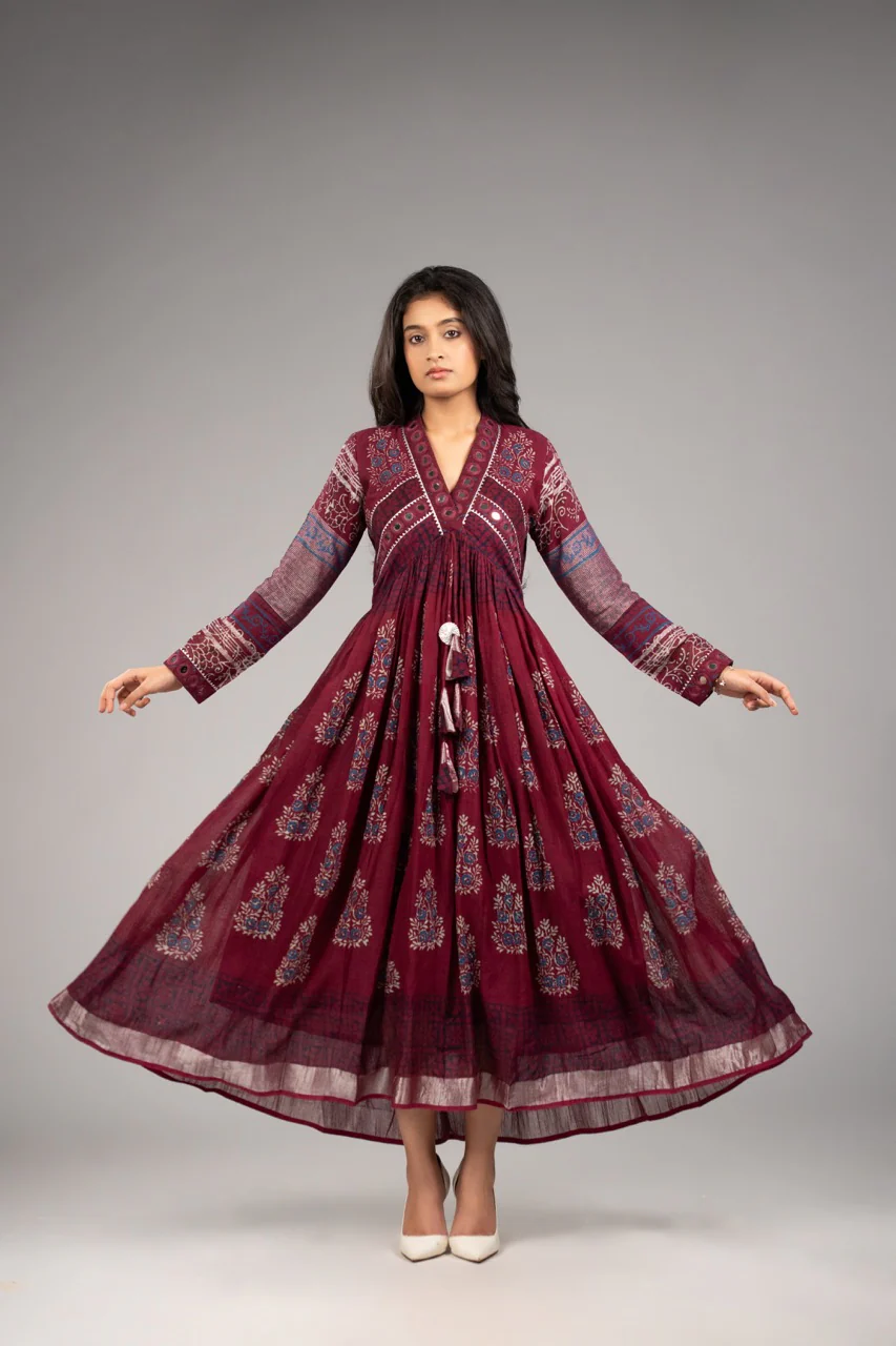 Women's Elegant Maroon Printed Anarkali Kurta Dress | Ethnic Flared Maxi Gown | XXS–XXL