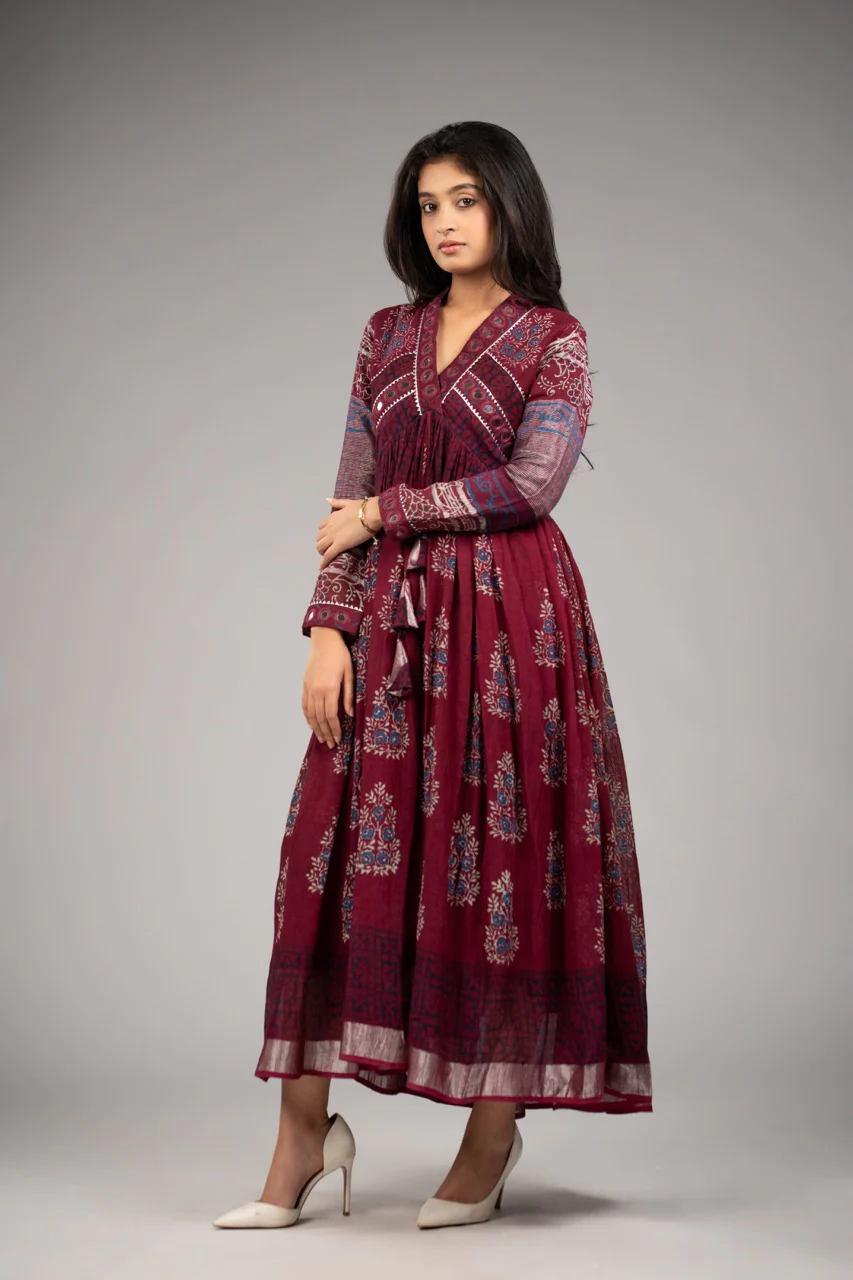 Women's Elegant Maroon Printed Anarkali Kurta Dress | Ethnic Flared Maxi Gown | XXS–XXL