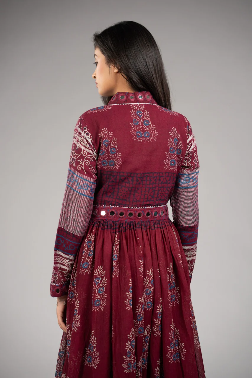 Women's Elegant Maroon Printed Anarkali Kurta Dress | Ethnic Flared Maxi Gown | XXS–XXL